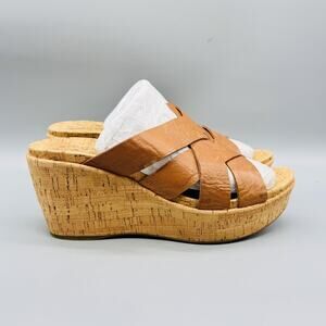 Kork Ease Sandals Womens 10 Brown Leather Strappy Cork Wedge Slip On Platform